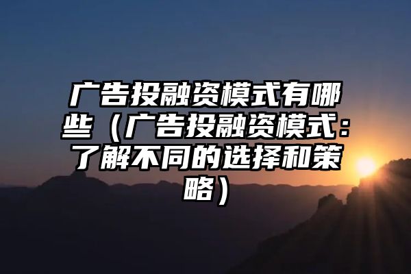 广告投融资模式有哪些（广告投融资模式：了解不同的选择和策略）