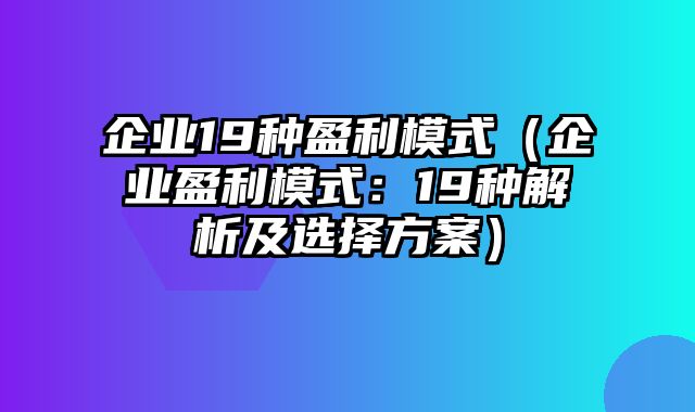 企业19种盈利模式（企业盈利模式：19种解析及选择方案）