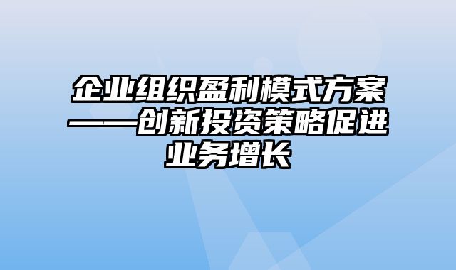 企业组织盈利模式方案——创新投资策略促进业务增长