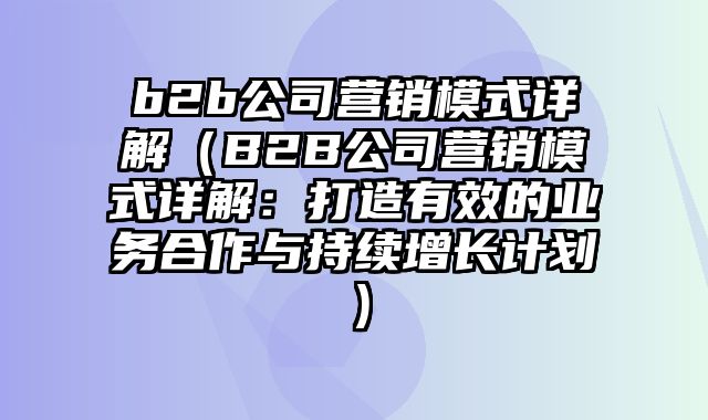 b2b公司营销模式详解（B2B公司营销模式详解：打造有效的业务合作与持续增长计划）