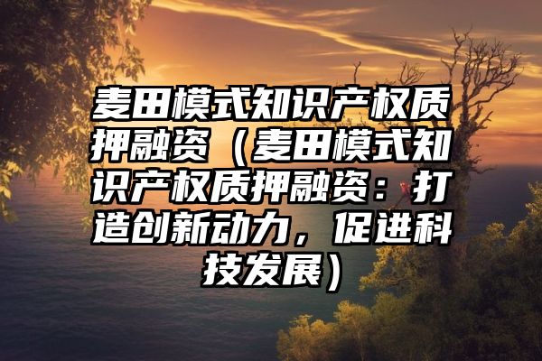 麦田模式知识产权质押融资（麦田模式知识产权质押融资：打造创新动力，促进科技发展）