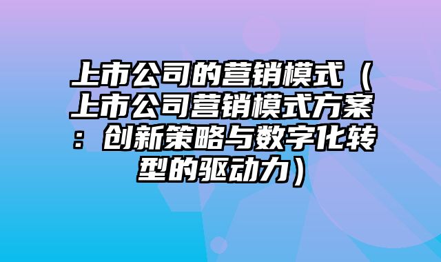 上市公司的营销模式（上市公司营销模式方案：创新策略与数字化转型的驱动力）