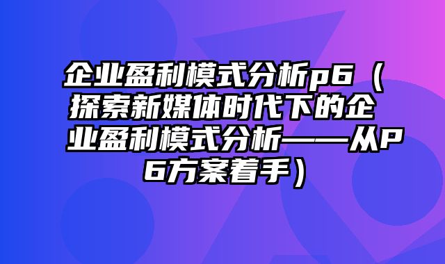 企业盈利模式分析p6（探索新媒体时代下的企业盈利模式分析——从P6方案着手）